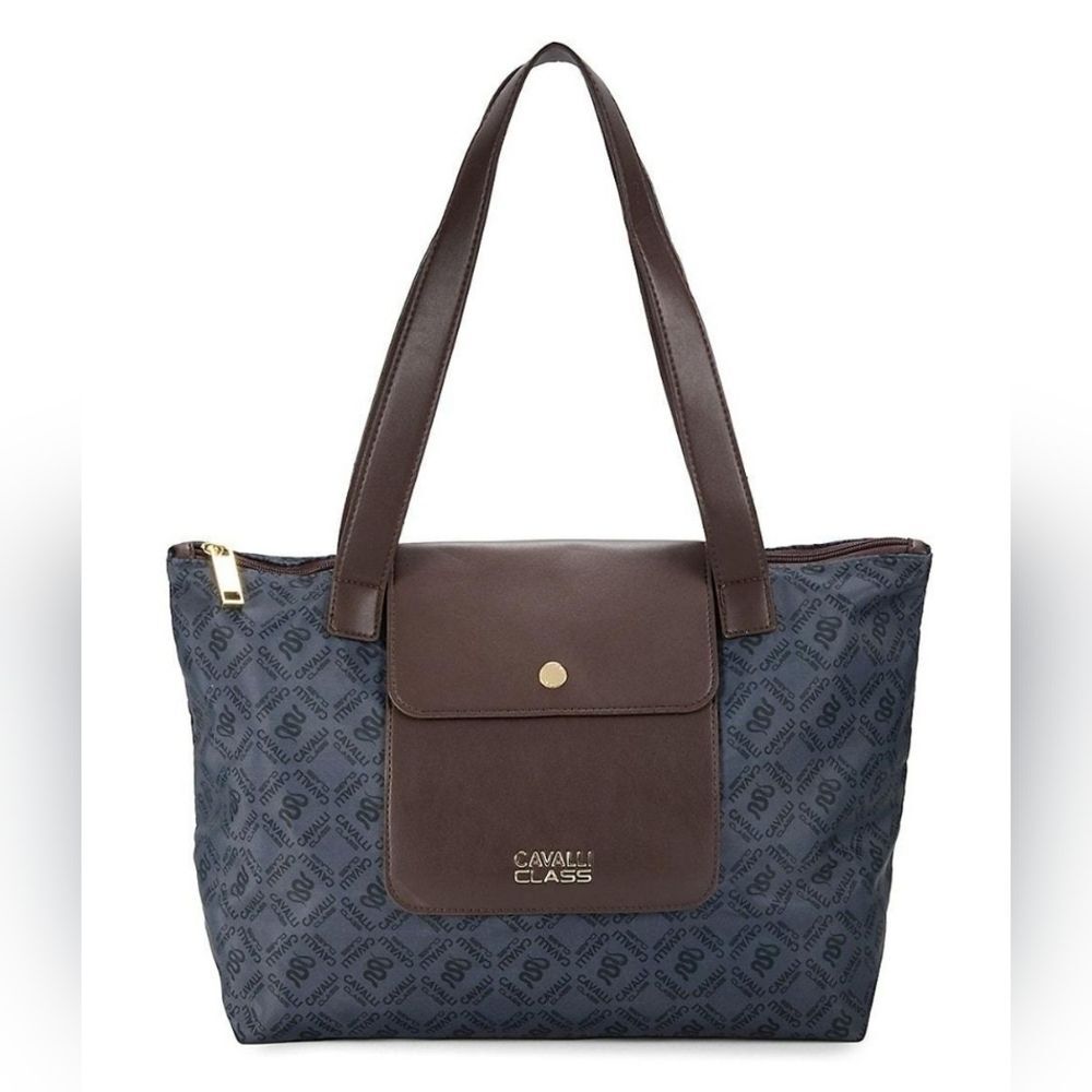 NWT Cavalli Class Large Monogram Weekend Tote Bag Gray Nylon Logo Vegan Leather